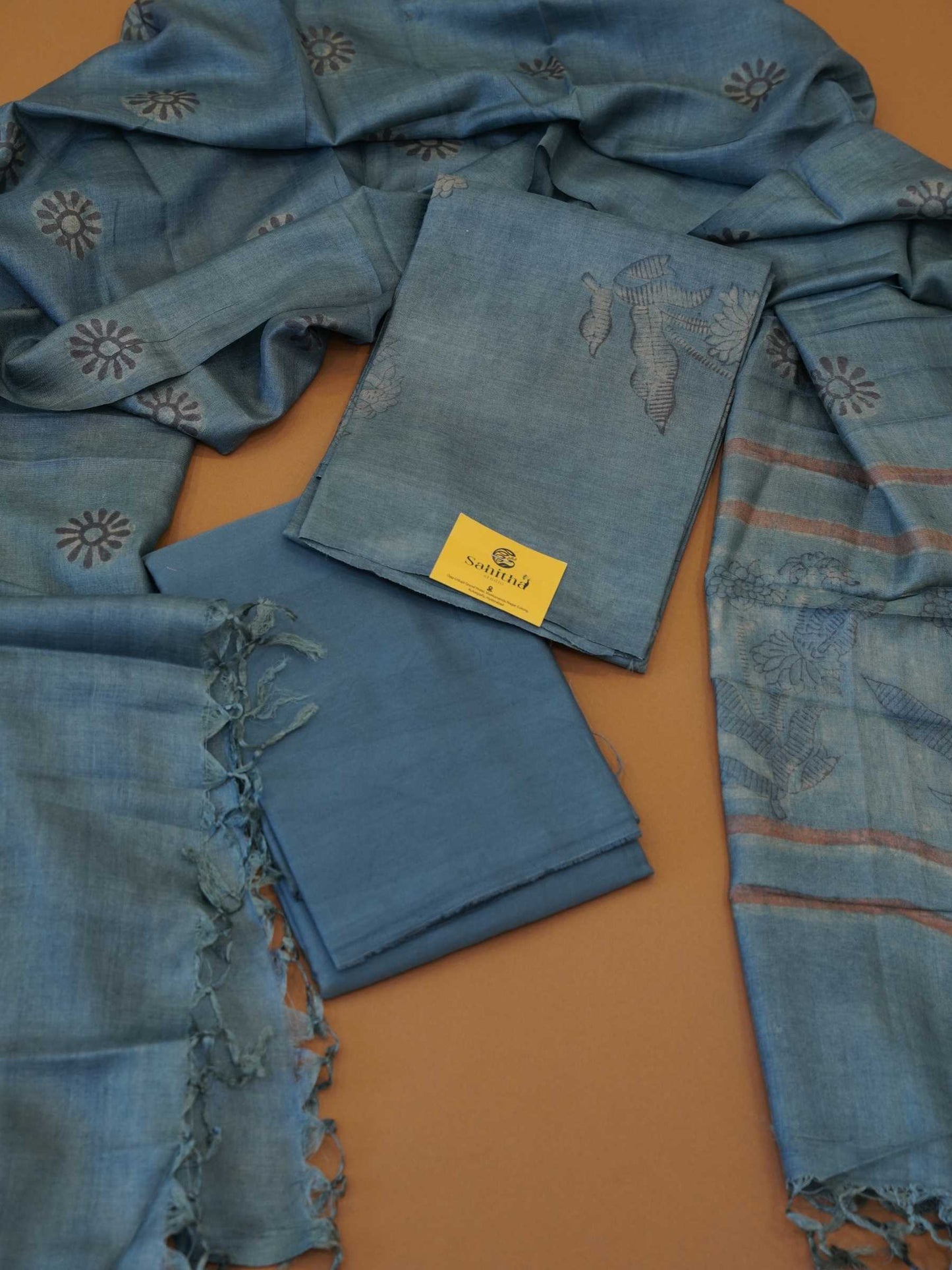 Handloomed Indigo Blue Tussar Silk 3-Piece Dress Material with Woven Botanical Motifs