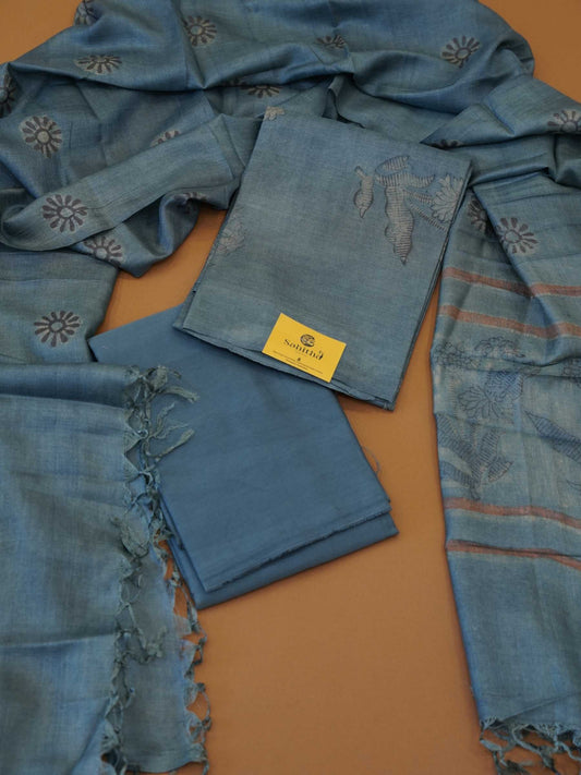 Handloomed Indigo Blue Tussar Silk 3-Piece Dress Material with Woven Botanical Motifs