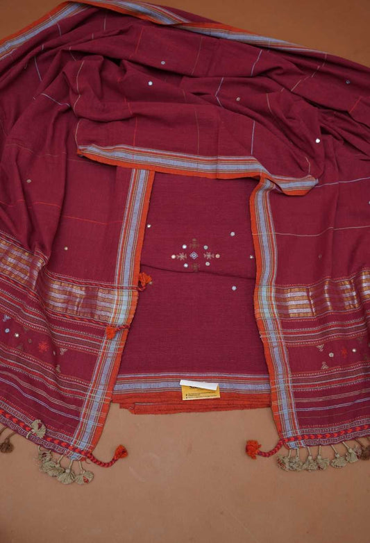 Burgundy Wine & Slate Pure Handloom Kutch Kala Cotton Bhujodi 3-Piece Dress Material