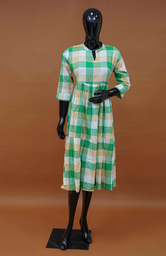 Green and Saffron Checks Cotton Frock – Medium to 2XL