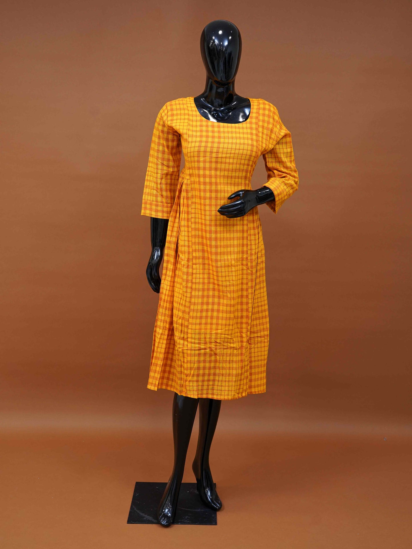 Yellow and Orange Cotton Checks Frock – Medium to 2XL