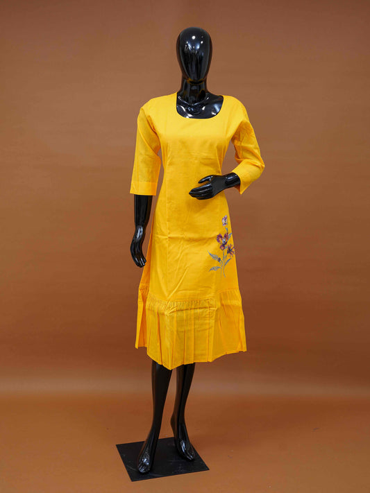 Yellow Chanderi Screen Print Butti Frock – Medium to 2XL