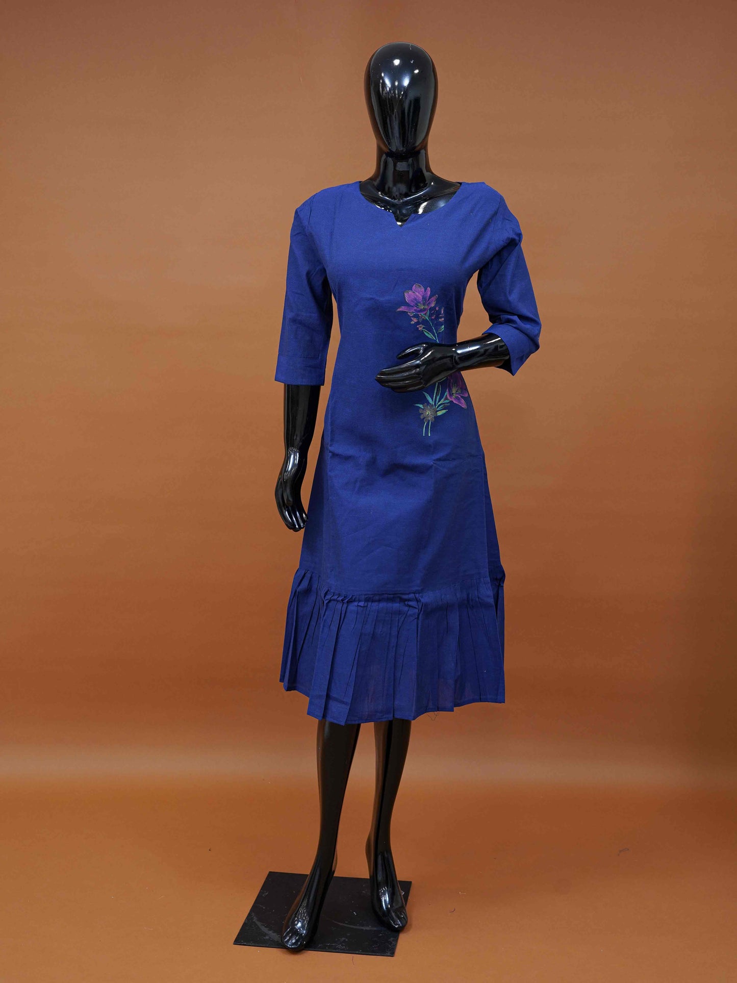 Blue Chanderi Frock with Screen Print Floral Motif – Medium to 2XL