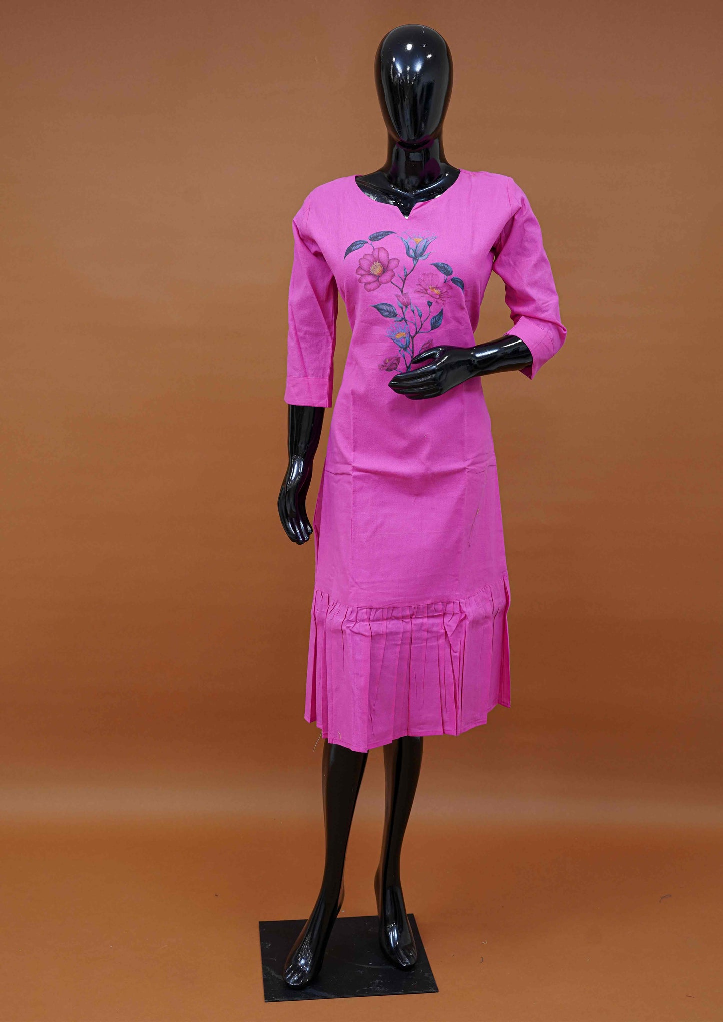 Pink Chanderi Screen Print Butti Frock – Medium to 2XL