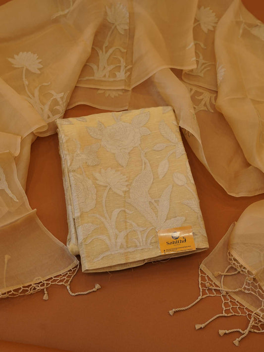 Handloomed Ivory & Cream Khadi Tussar Silk 3-Piece Dress Material with Woven Lotus & Bird Art
