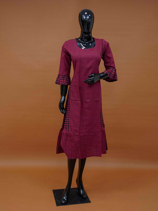 Red & Black Cotton Checks Frock – Medium to 2XL