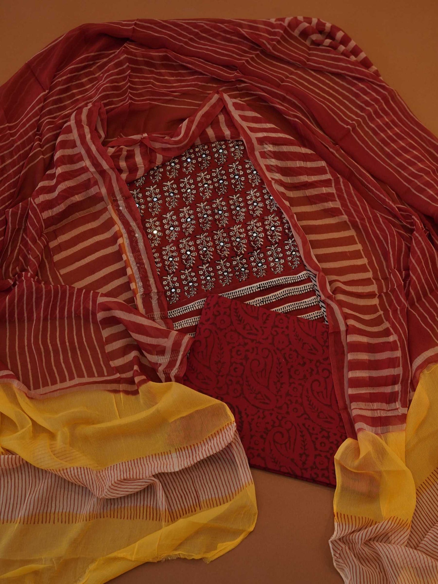 Crimson Maroon Jaipur Cotton 3-Piece Dress Material with Ajrakh Block Prints & Mirror Work