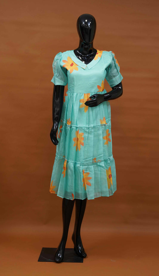 Aqua Green Silk Kota Frock with Yellow Floral Digital Print (M to 5XL)