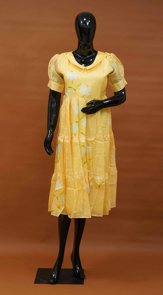 Yellow Silk Kota Frock with White Floral Digital Print (M to 5XL)