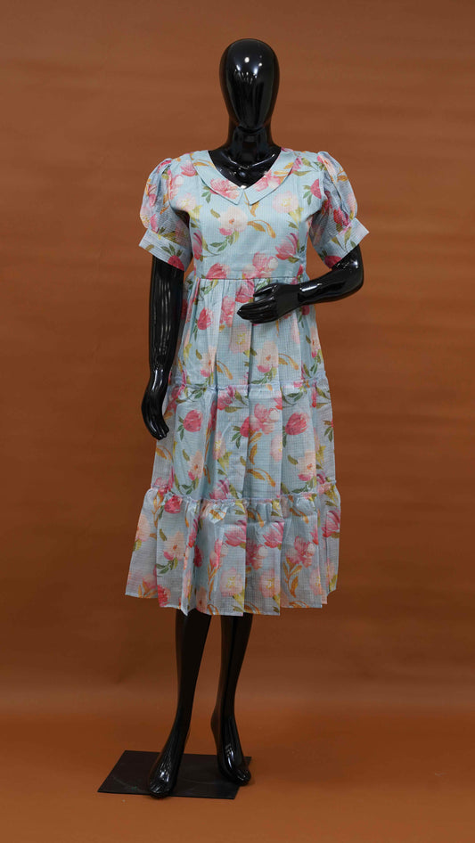 Light Blue Silk Kota Frock with Pink Floral Digital Print (M to 5XL)