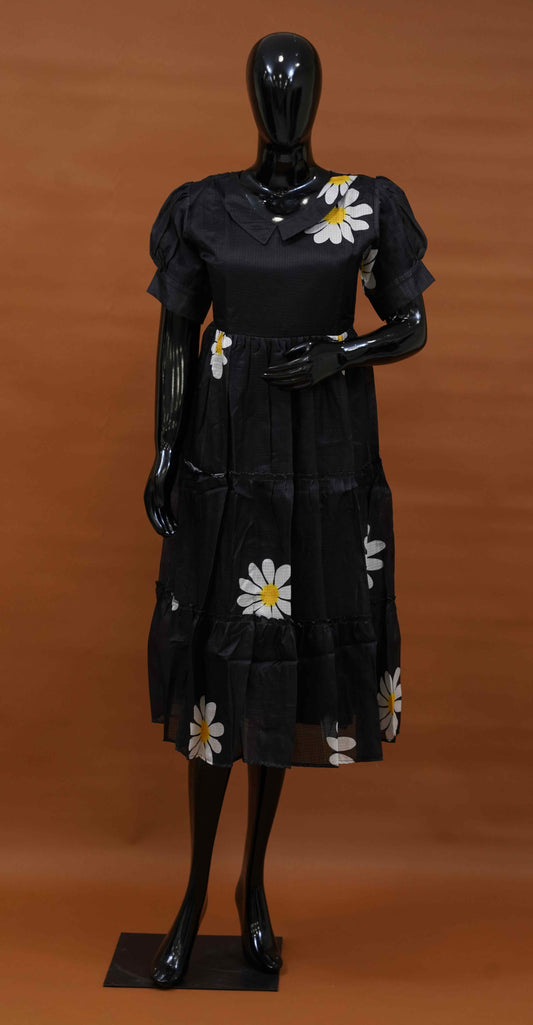 Black Silk Kota Frock with White Floral Digital Print (M to 5XL)