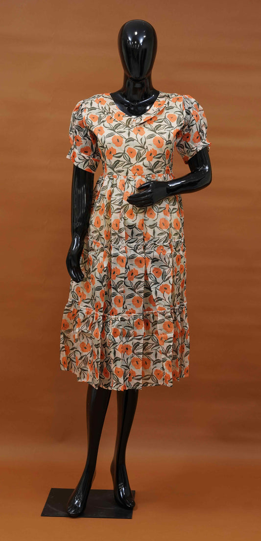 White Silk Kota Frock with Yellow Floral Digital Print (M to 5XL)