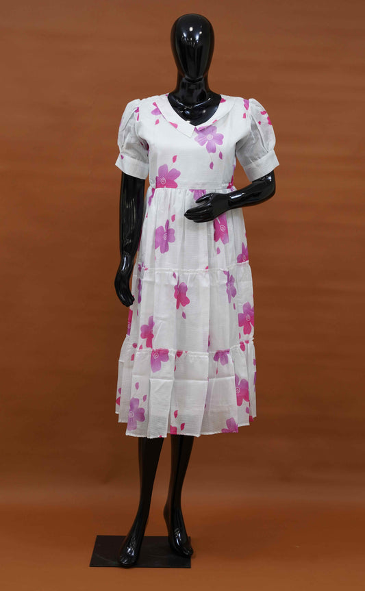 White Silk Kota Frock with Pink Floral Digital Print (M to 5XL)