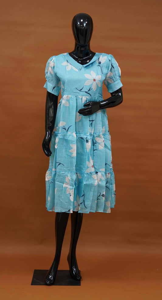 Light Blue Silk Kota Frock with White Floral Digital Print (M to 5XL)