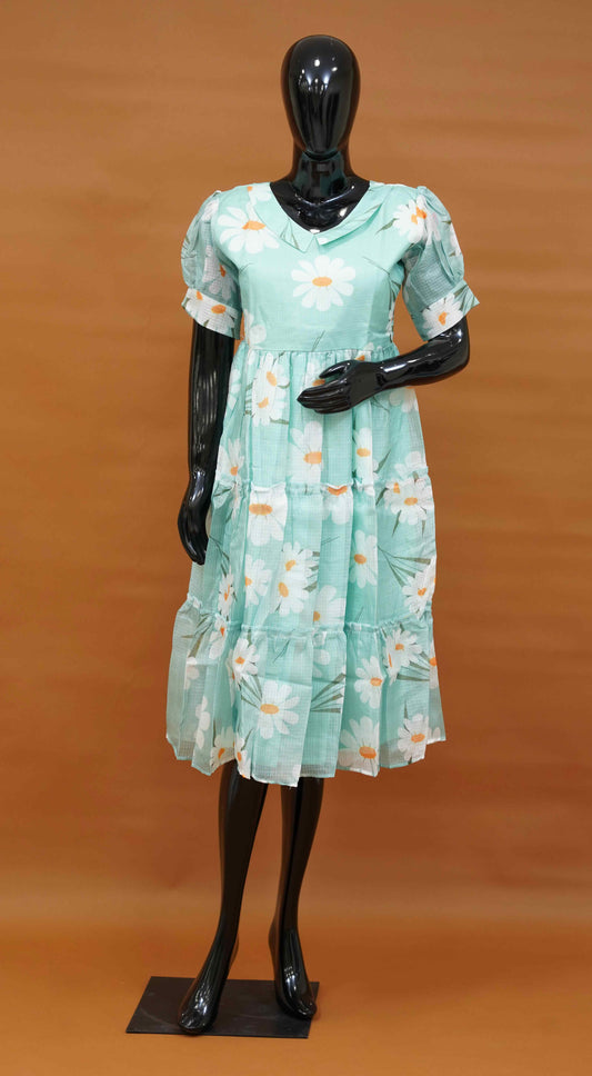 Light Blue Silk Kota Frock with Digital Print (M to 5XL)