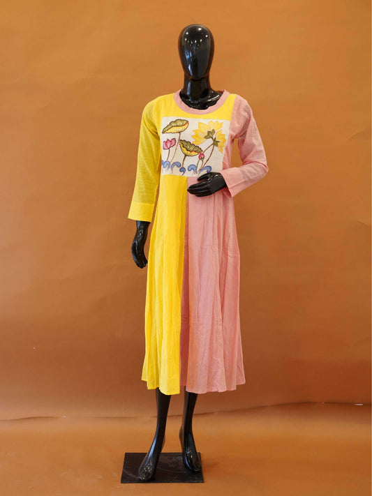 Handloom Mul Cotton Colour-Blocked Kurti Dress with Floral Thread Work – Medium