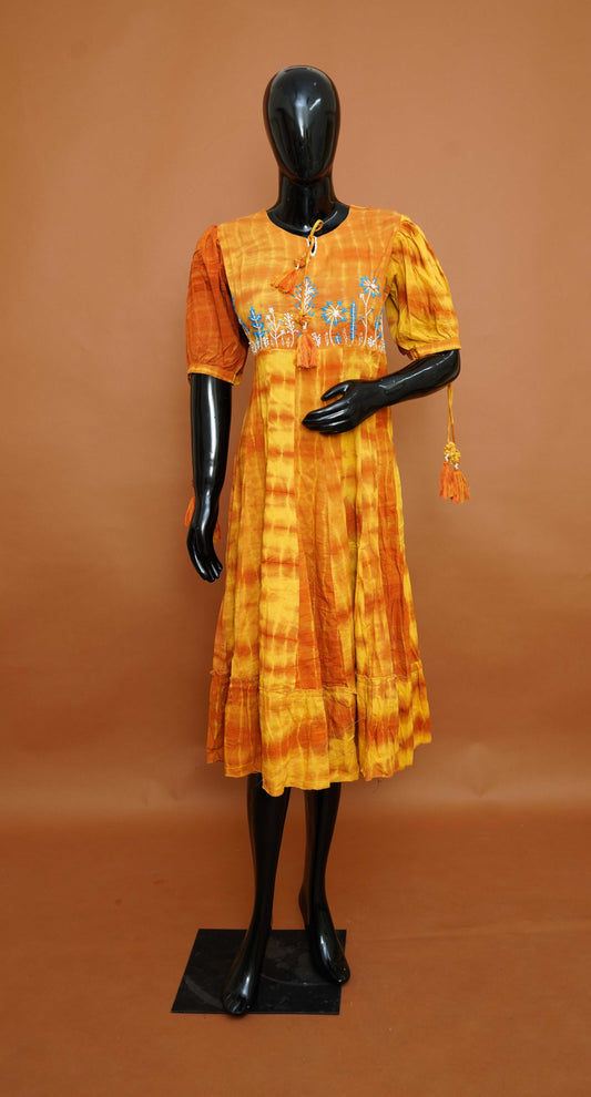 Mustard Yellow Shibori Tie-Dye Embroidered Mul Cotton Anarkali Top – Premium Ethnic Tops (Medium - 2XL)