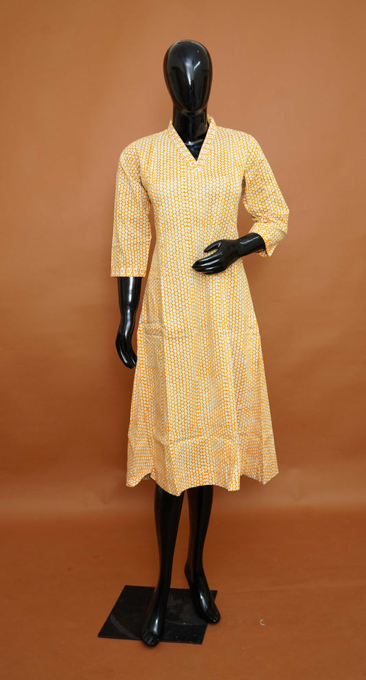 Yellow & White Geometric Print Premium Cotton A-Line Kurta – A-Line Cotton Tops for Women (Medium - 2XL)