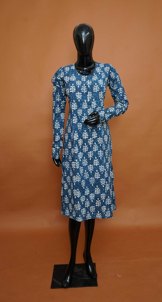 Indigo Blue Premium Cotton A-Line Kurta with White Botanical Leaf Print – A-Line Cotton Tops for Women (Medium - 2XL)