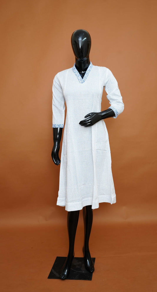 Pristine White Premium Cotton A-Line Kurta with Indigo Blue Accents – A-Line Cotton Tops for Women (Medium - 2XL)