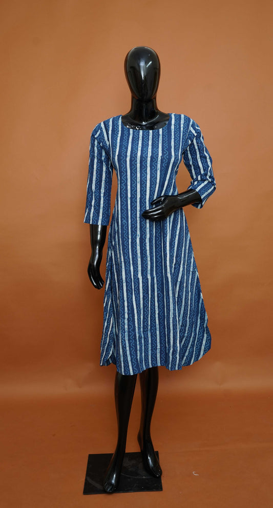 Indigo Blue & White Vertical Striped Premium Cotton A-Line Kurta – A-Line Cotton Tops for Women (Medium - 2XL) (Copy)
