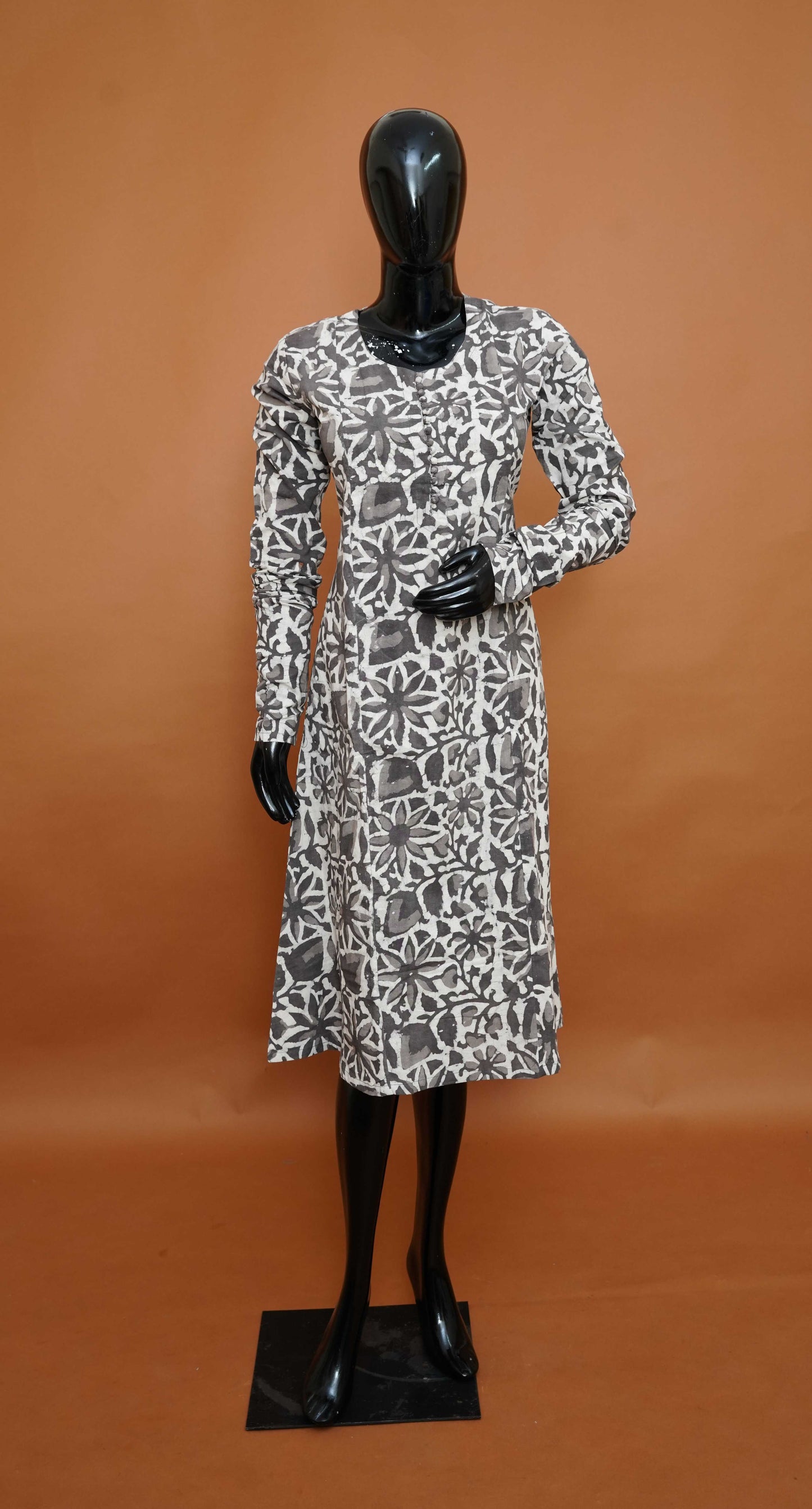 Charcoal Grey Premium Cotton A-Line Kurta with Bold White Botanical Print – A-Line Cotton Tops for Women (Medium - 2XL)