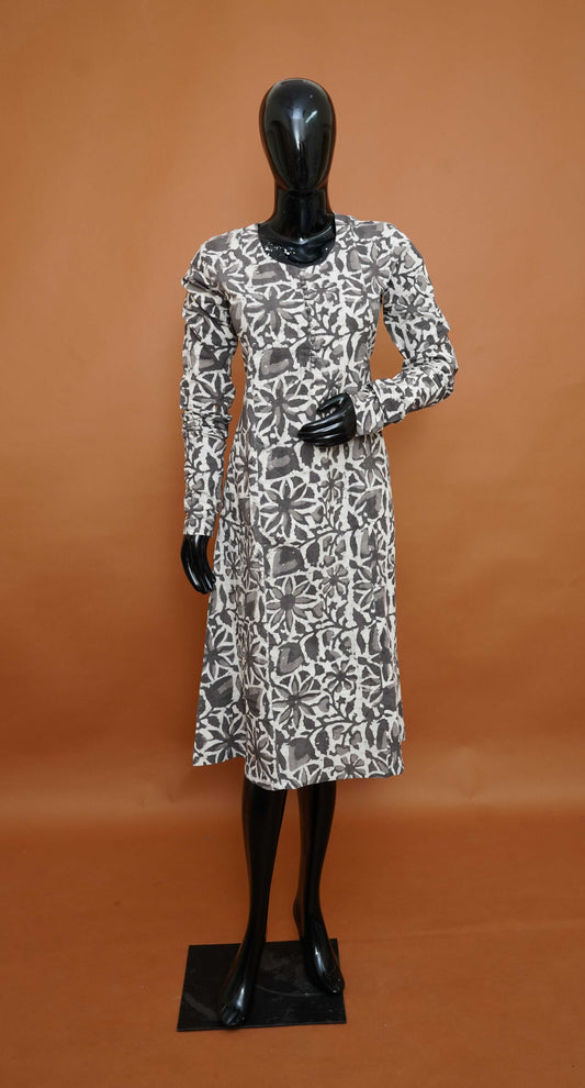 Charcoal Grey Premium Cotton A-Line Kurta with Bold White Botanical Print – A-Line Cotton Tops for Women (Medium - 2XL)