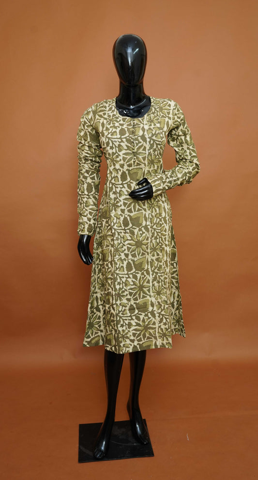 Olive Green Premium Cotton A-Line Kurta with Earthy Botanical Print – A-Line Cotton Tops for Women (Medium - 2XL)