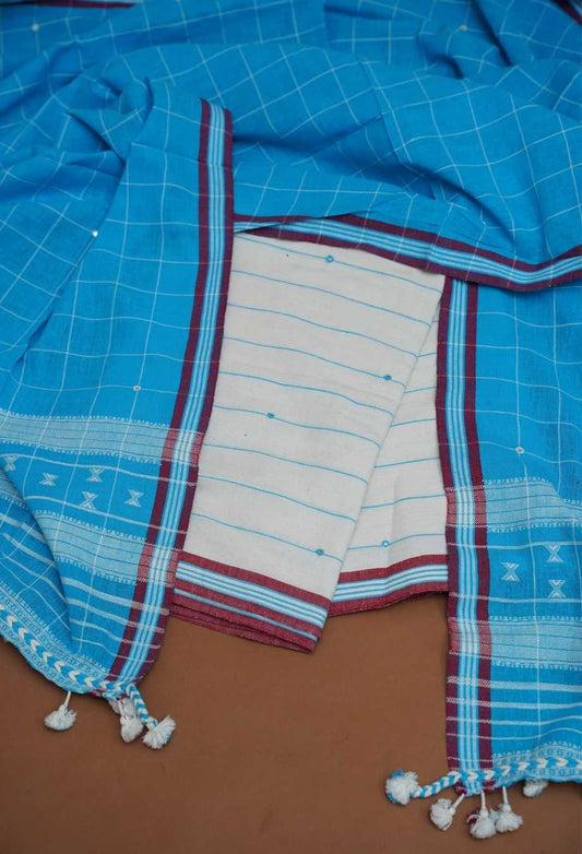 Sky Blue & Off-White Authentic Handloom Pure Kala Cotton Bhujodi 3-Piece Dress Material with Mirror Work