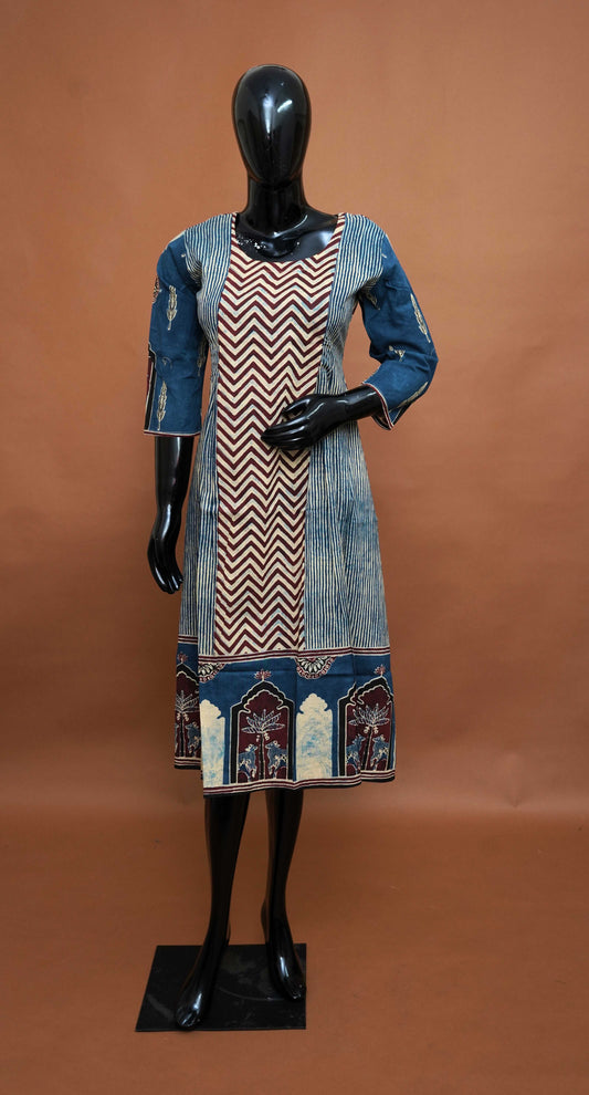 Blue and Multi Colour Ajrakh Print Cotton Frock Style Top – Medium to 2XL