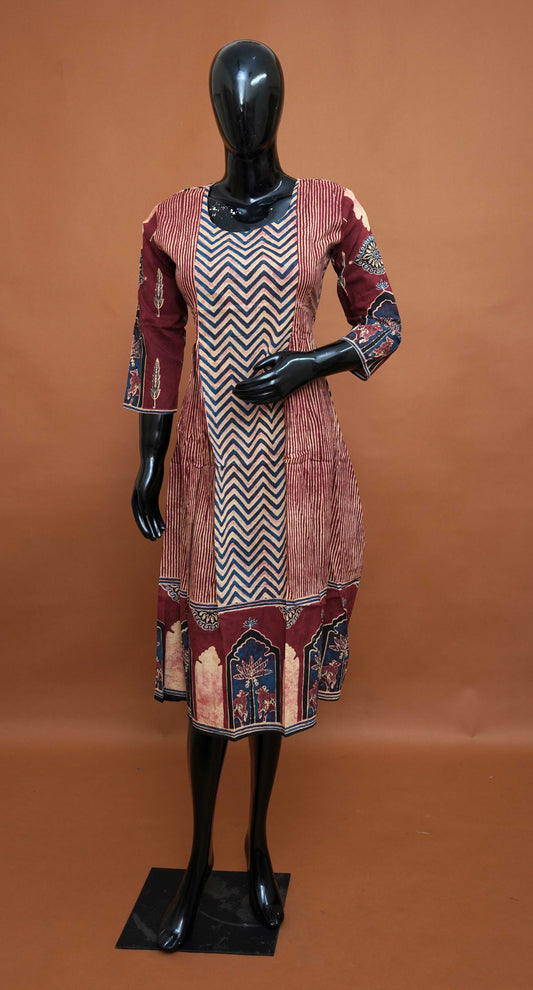 Red and Multi Colour Ajrakh Print Cotton Frock Style Top – Medium to 2XL