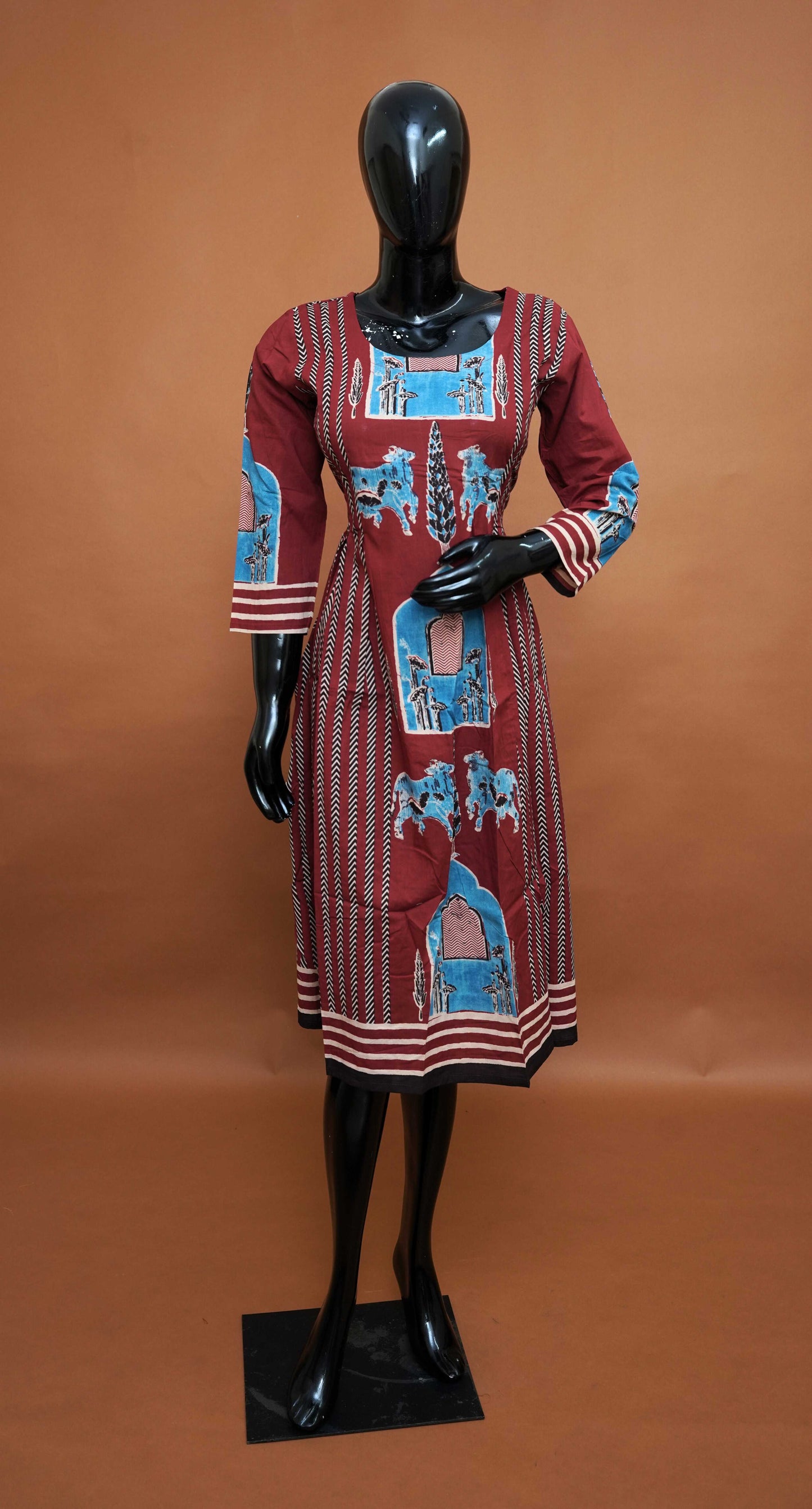 Red Ajrakh Print Cotton Frock Style Top – Medium to 2XL