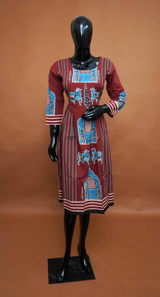 Red Ajrakh Print Cotton Frock Style Top – Medium to 2XL