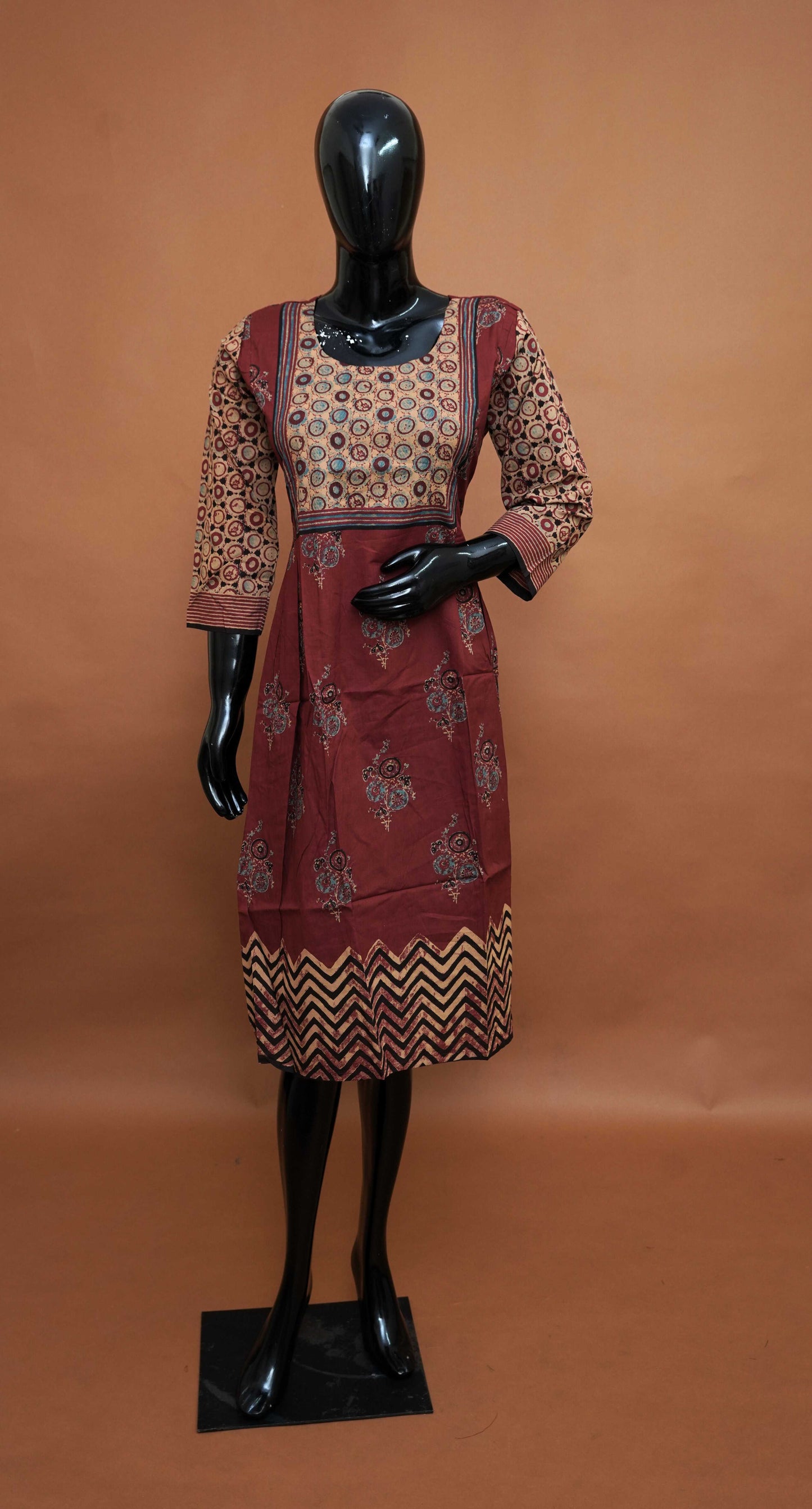 Maroon Ajrakh Print Cotton Frock Style Top – Medium to 2XL