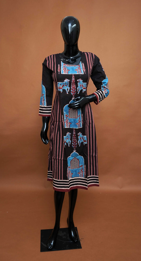 Black Ajrakh Print Cotton Frock Style Top – Medium to 2XL