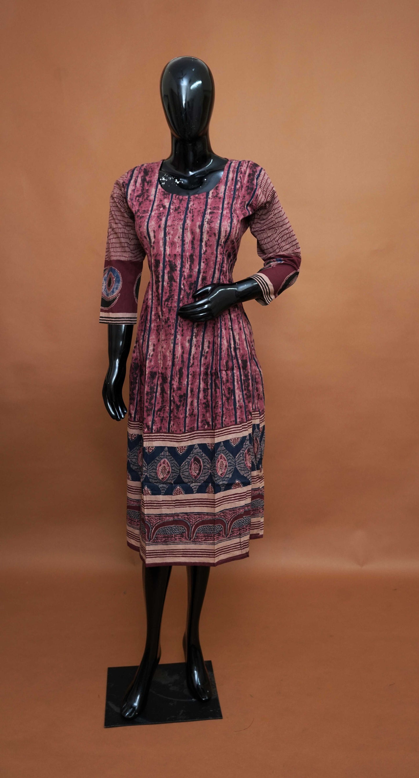 Red and Blue Ajrakh Print Cotton Frock Style Top – Medium to 2XL
