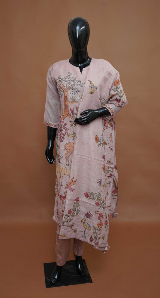 Hand-Painted & Embroidered Pastel Pink Linen-Blend Suit Set – Medium to 2XL