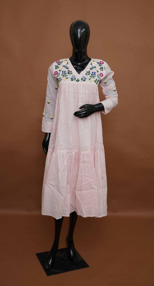 Light Pink A-line Cotton Kurti with Embroidered Yoke & Sleeves – Premium Cotton Top (Medium - 2XL)