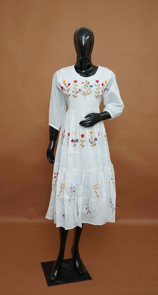 White A-line Cotton Kurti with Embroidered Work – Premium Cotton Top (Medium - 2XL)