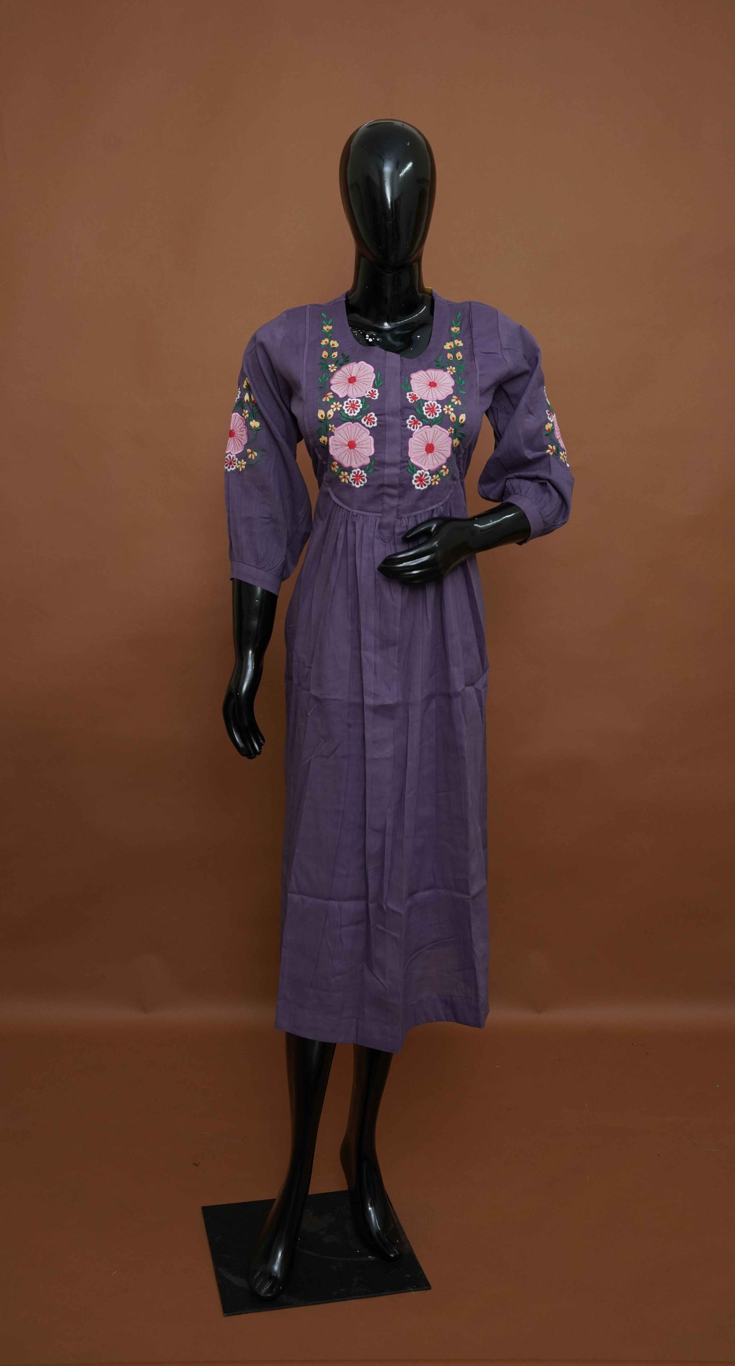 Purple A-line Cotton Kurti with Embroidered Yoke & Sleeves – Premium Cotton Top (Medium - 2XL)