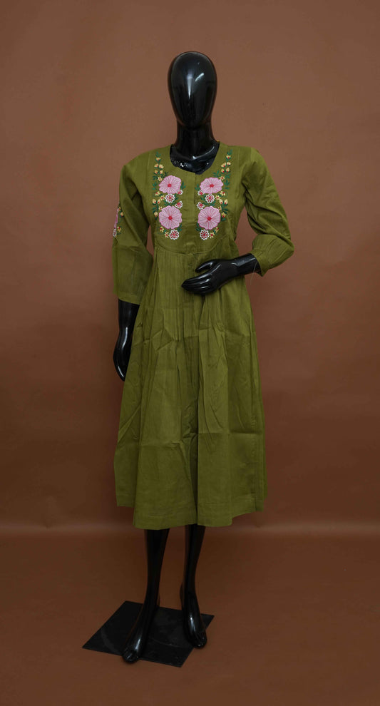 Olive Green Cotton Kurti with Embroidered Yoke & Sleeves – Premium Ethnic Wear (Medium - 2XL)