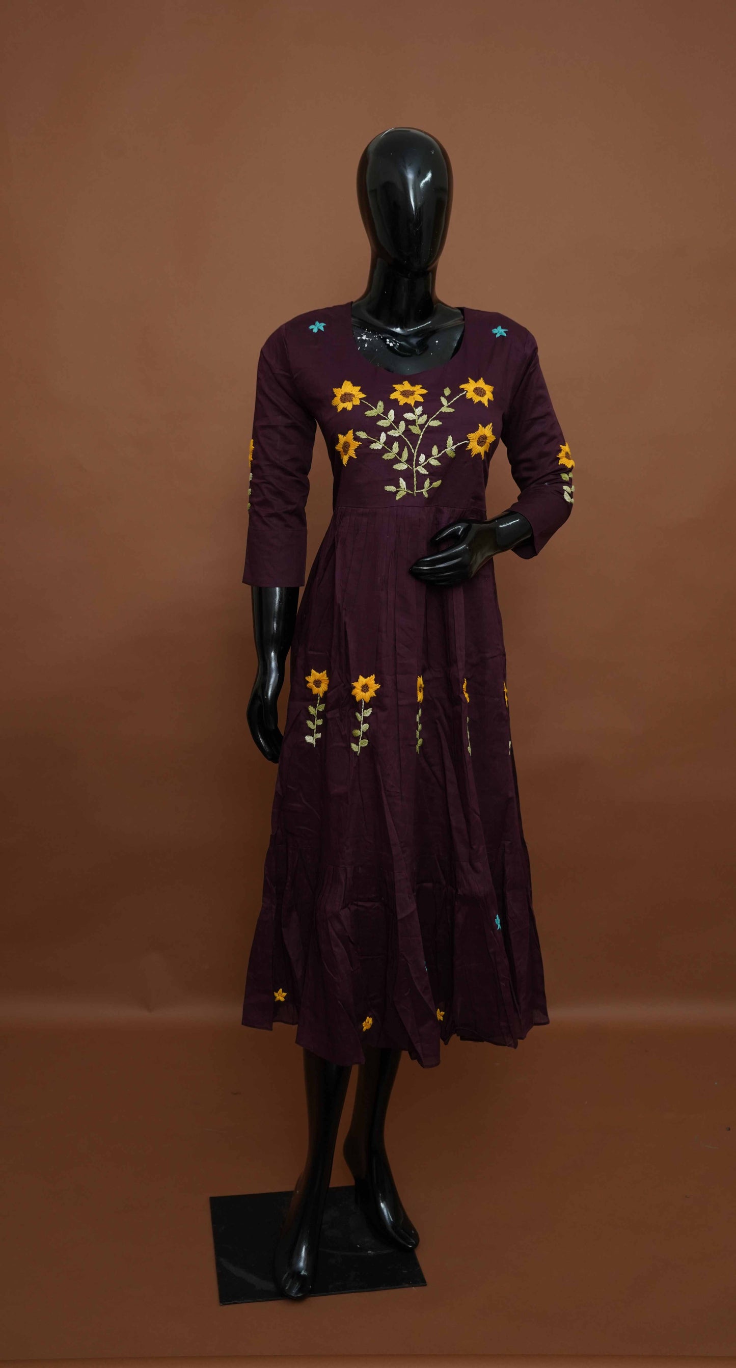 Brown A-line Cotton Kurti with Embroidered Yoke & Sleeves – Premium Cotton Top (Medium - 2XL)