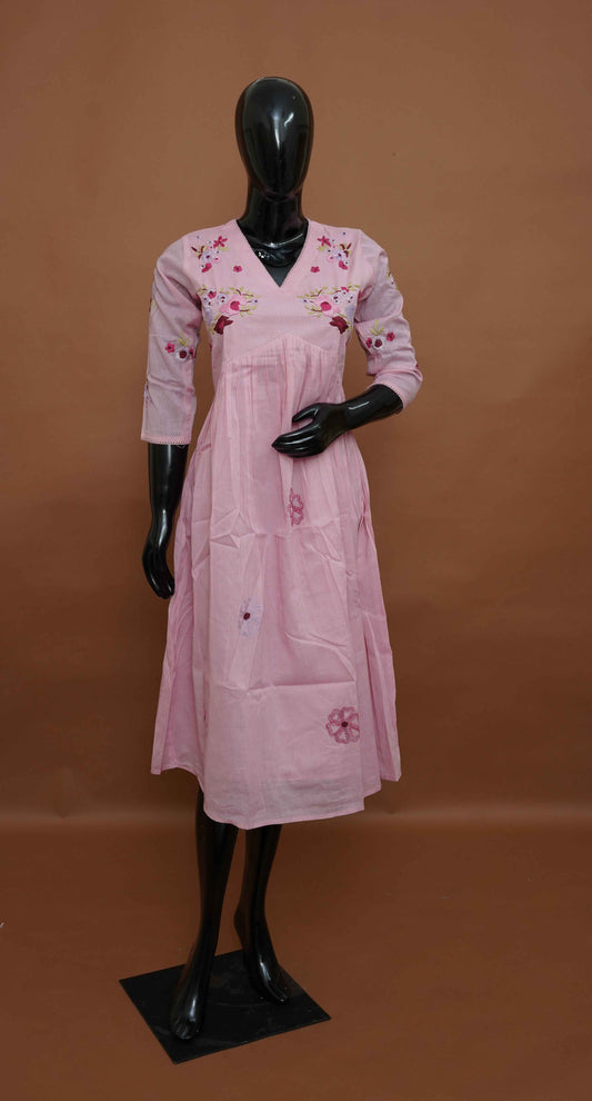 Baby Pink Cotton Kurti with Embroidered Yoke & Sleeves – Premium Cotton Top (Medium - 2XL)