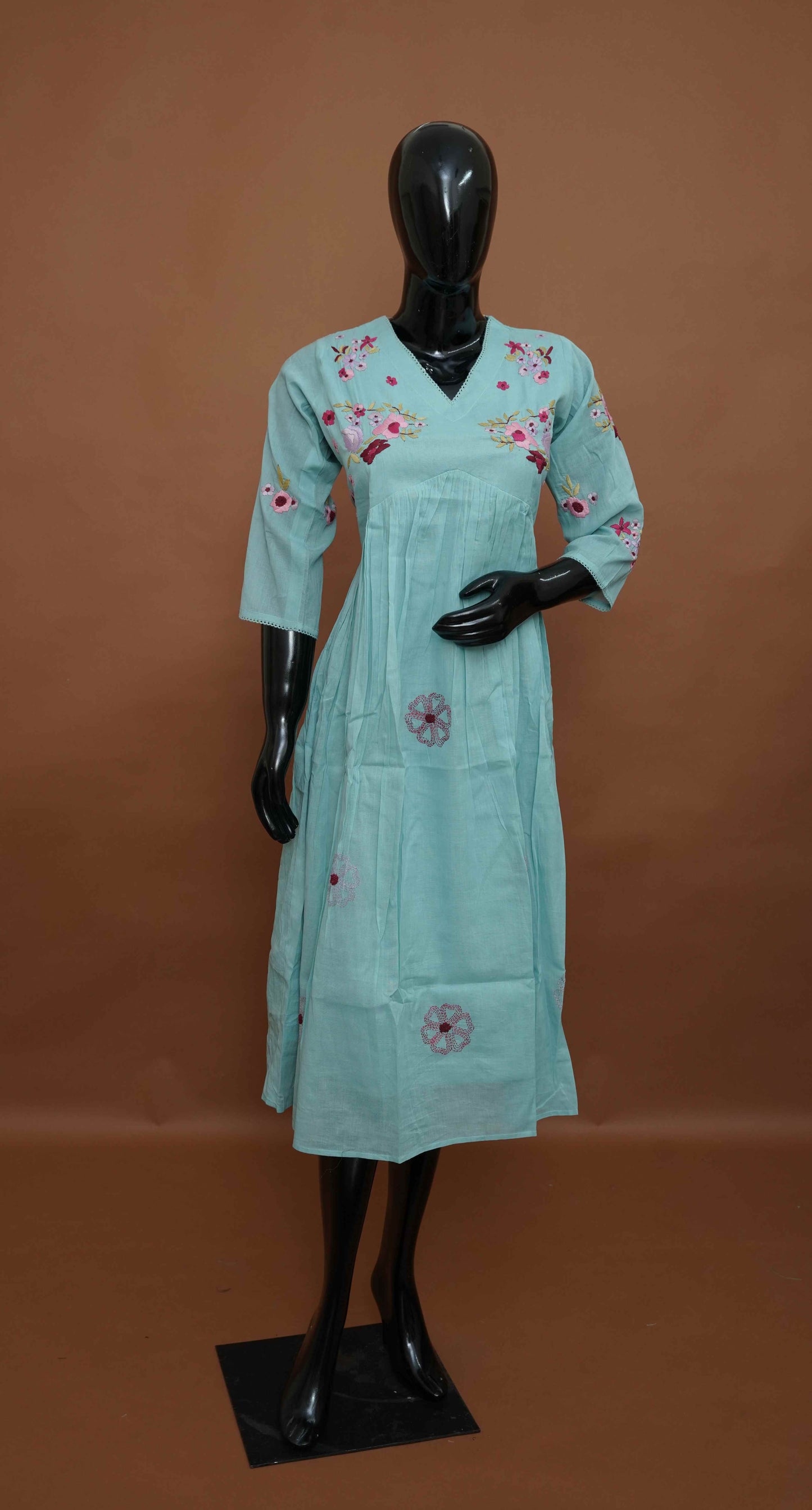 Sea Blue A-line Cotton Kurti with Embroidered Yoke & Sleeves – Premium Cotton Top (Medium - 2XL)