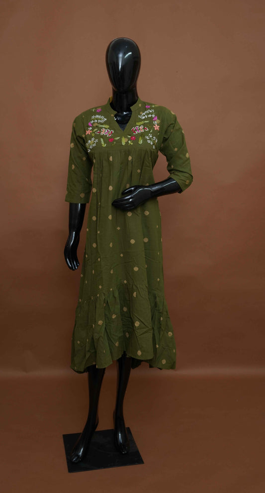 Olive Green Cotton Kurti with Embroidered Yoke & Sleeves – Premium Ethnic Wear (Medium - 2XL)