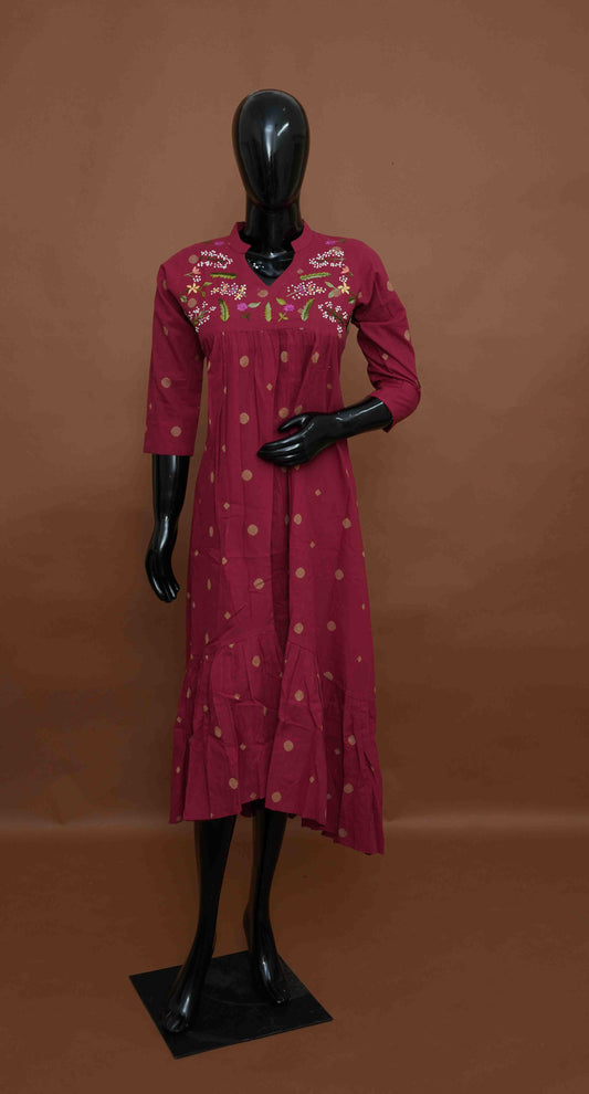 Dark Pink Cotton Kurti with Embroidered Yoke & Sleeves – Premium Ethnic Wear (Medium - 2XL)