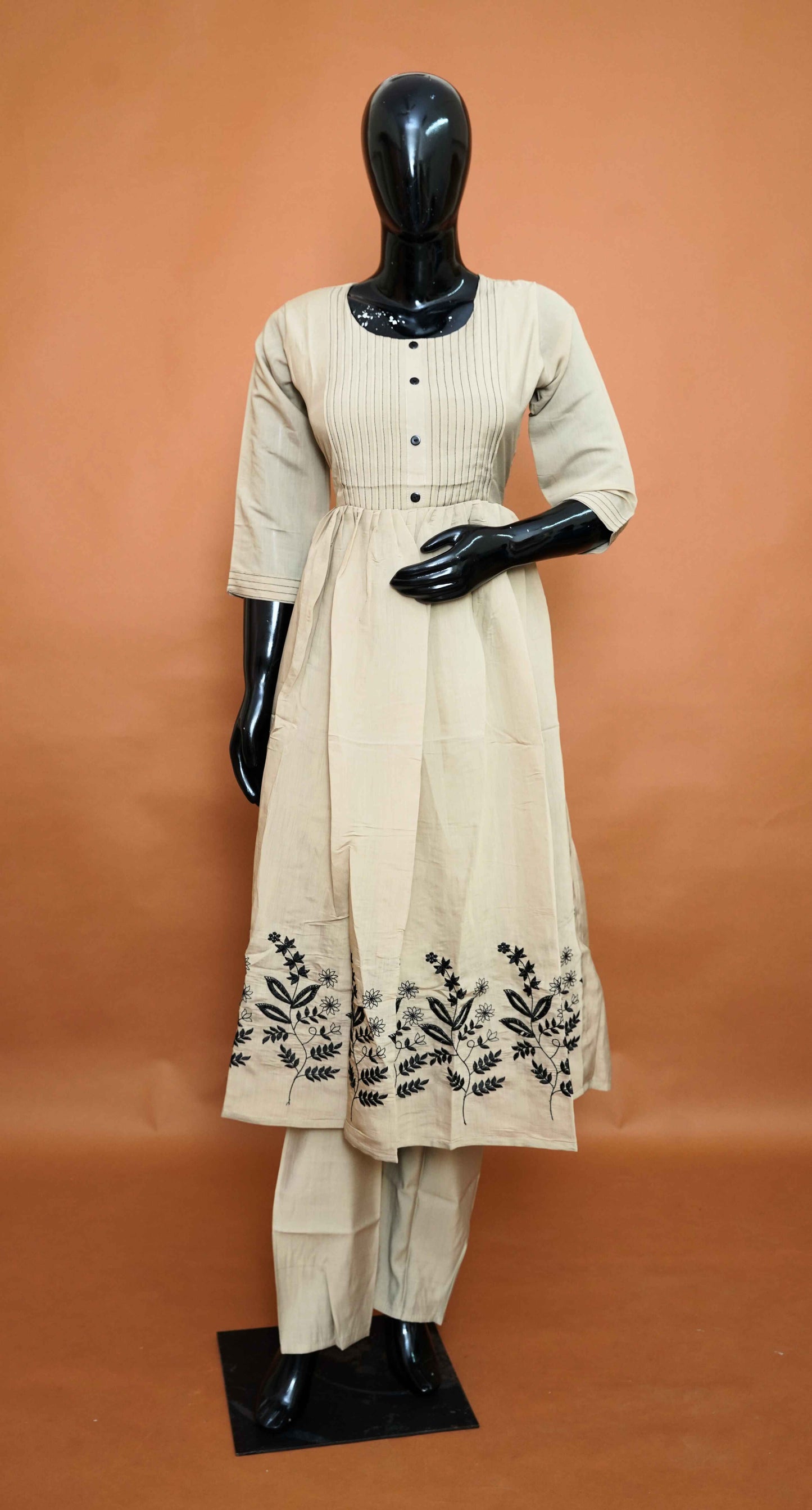Beige Pure Cotton Anarkali Dress with Beautiful Work – Medium to 2XL
