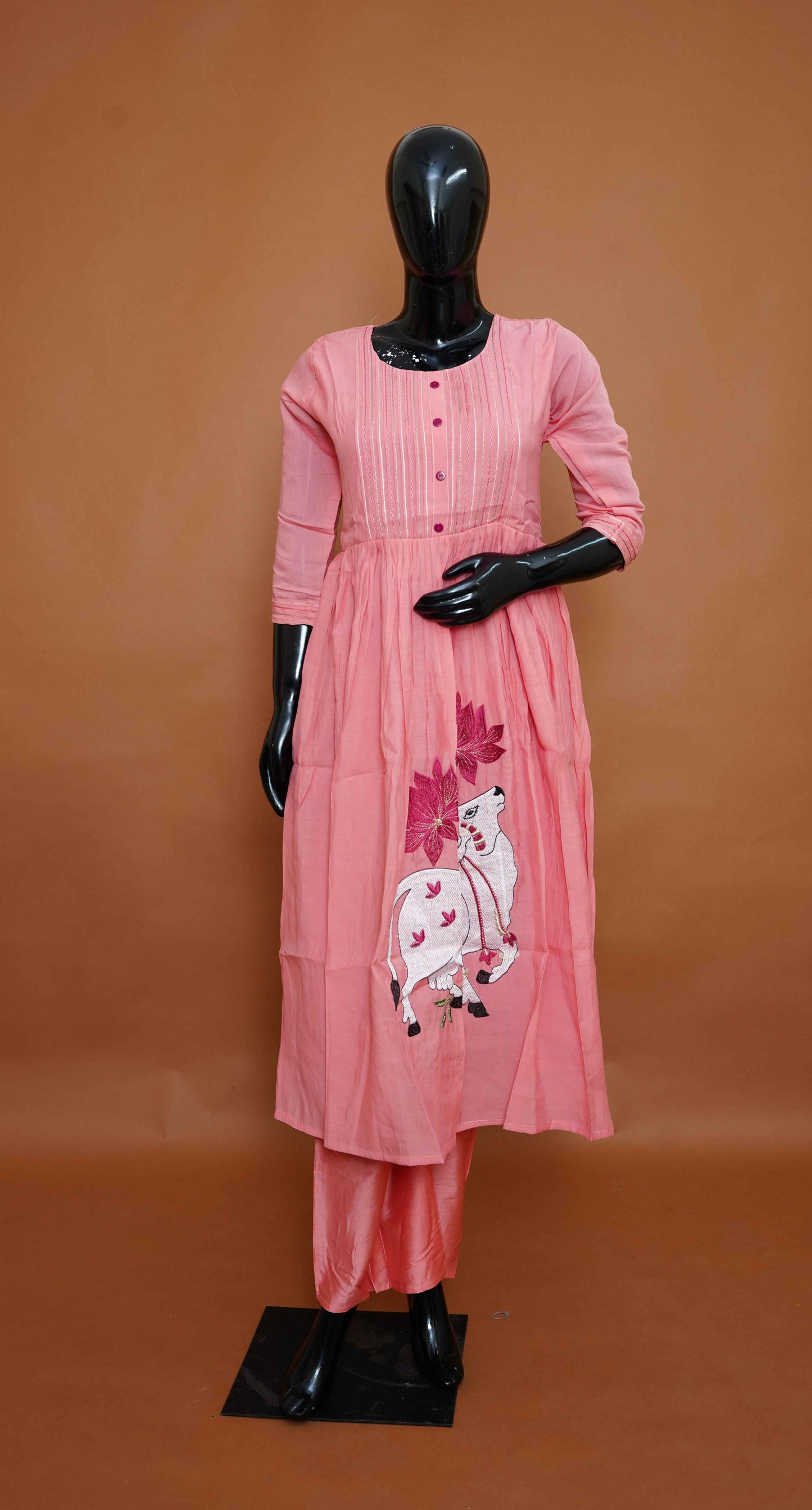 Baby Pink Pure Cotton Anarkali Dress with Beautiful Work – Medium to 2XL