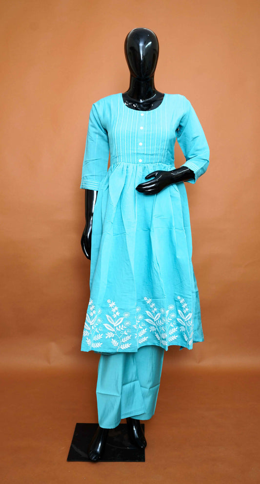 Cyan Blue Pure Cotton Anarkali Dress with Beautiful Work – Medium to 2XL