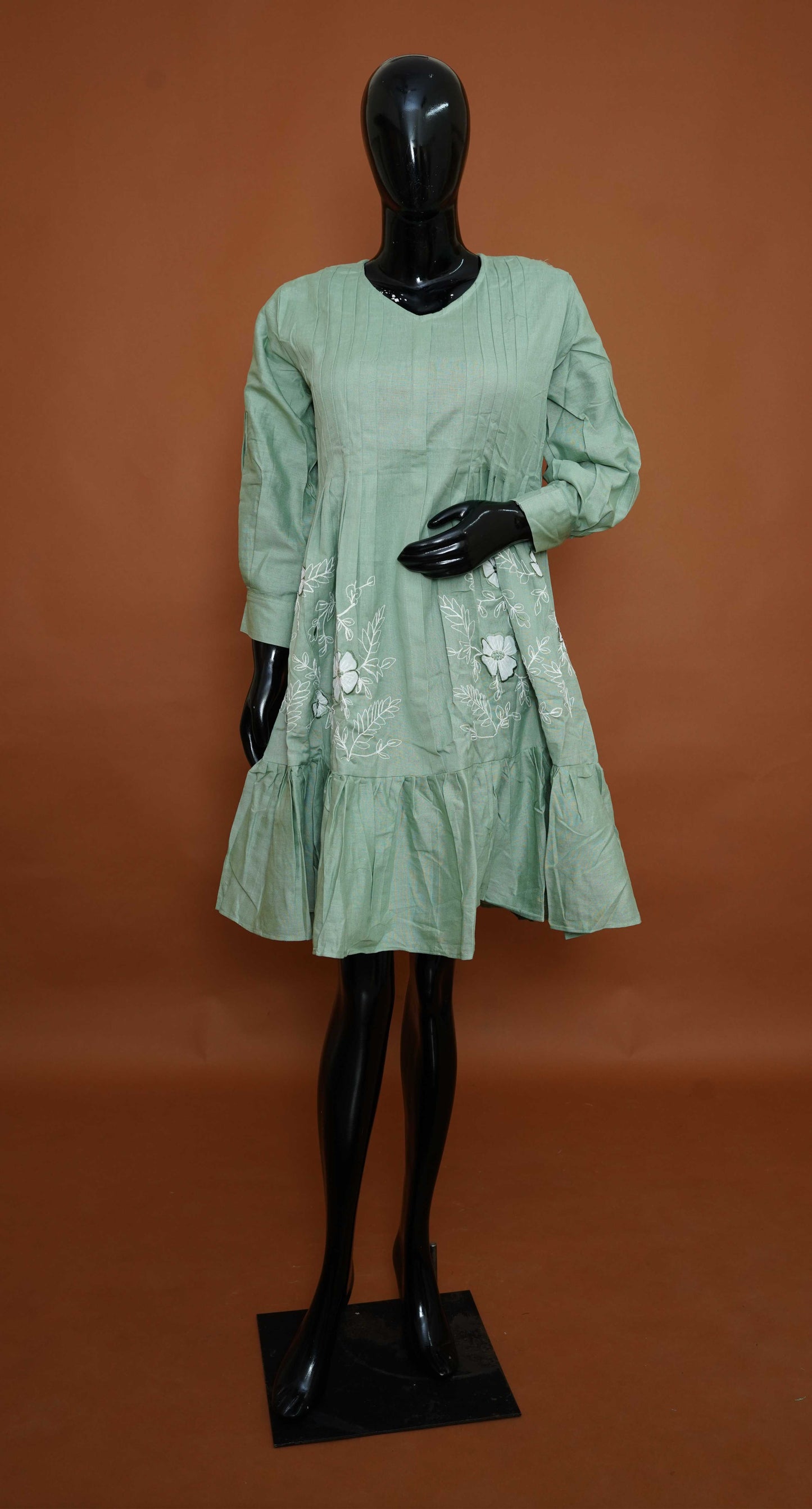 Sage Green Premium Cotton Tiered Tunic with Artisanal White Embroidery – Premium Ethnic Tops (Medium - 2XL)